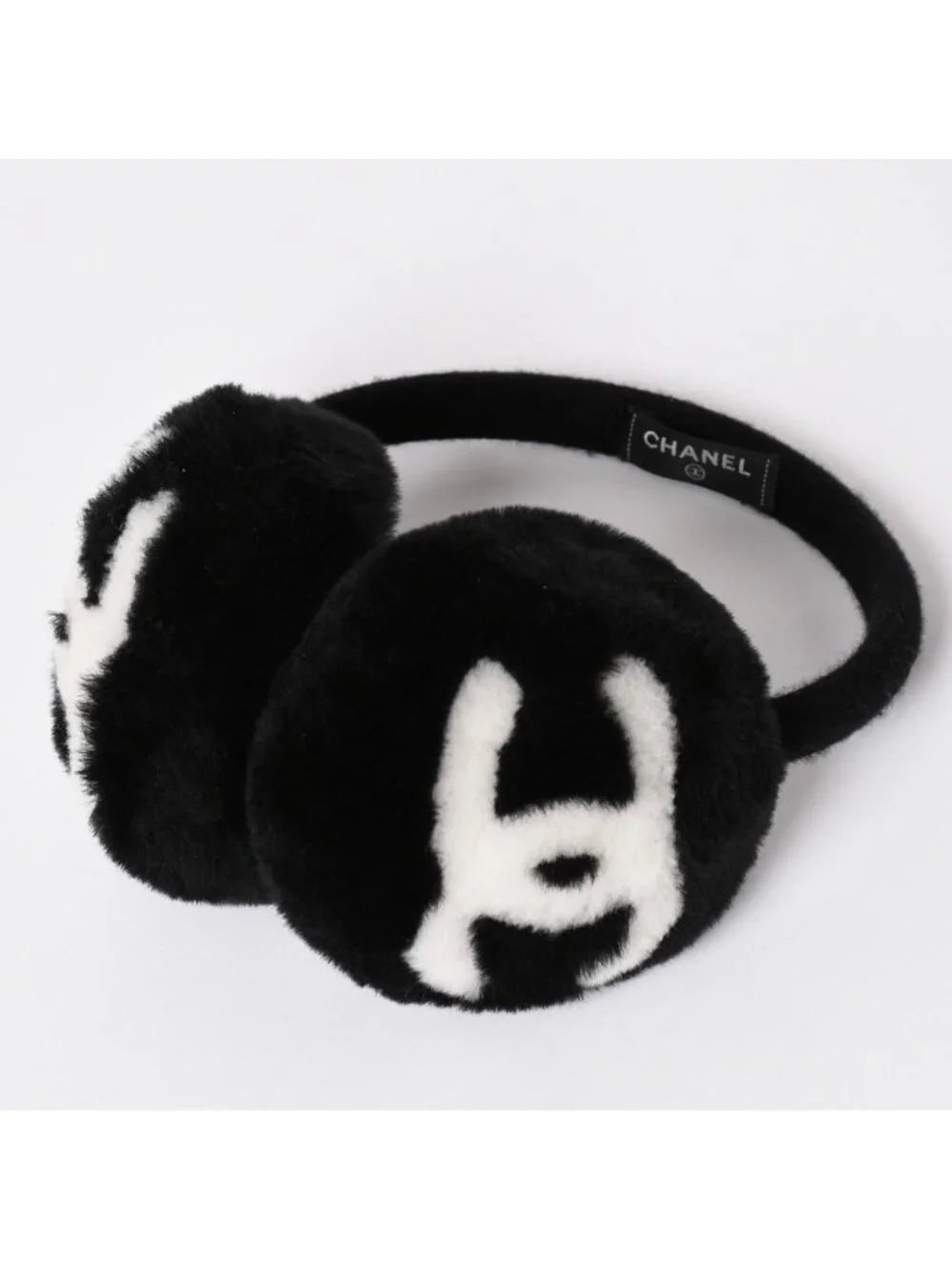 Chanel Coco Neige Ear Muffs CC Logo Shearling Black White
